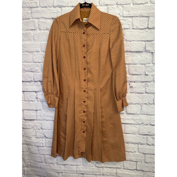 Albert Nipon Vintage Polka Dot Dress Long Sleeve Button Front Tan Size 6 - Picture 1 of 10